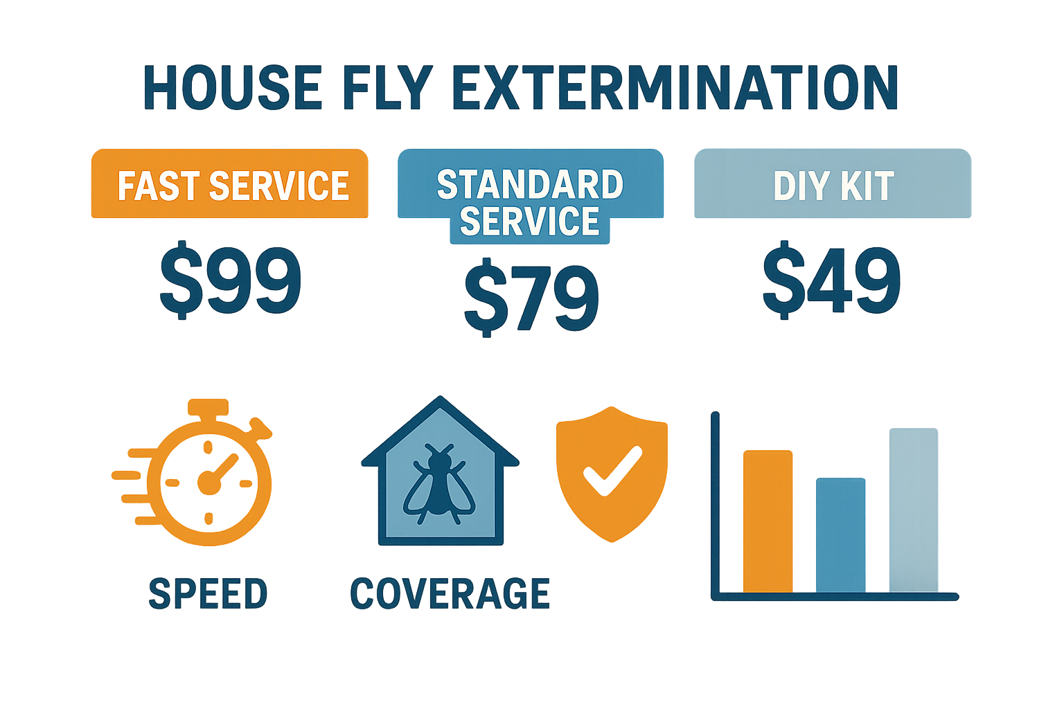 Pricing infographic comparing Fast Service, Standard Service, and DIY Kit for house fly extermination