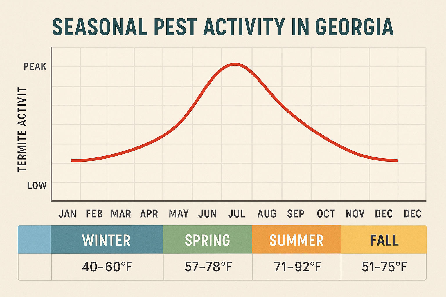 Seasonal termite activity chart for Georgia showing peak months and temperature ranges