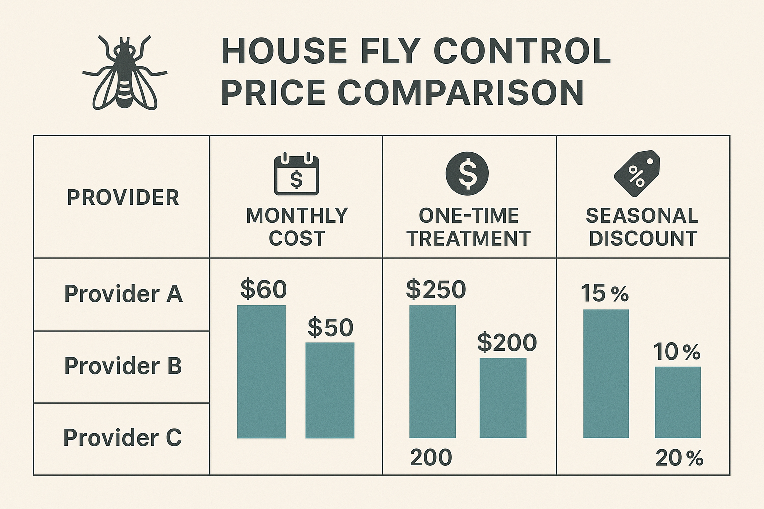 Price comparison infographic for three house fly control providers in Druid Hills, GA