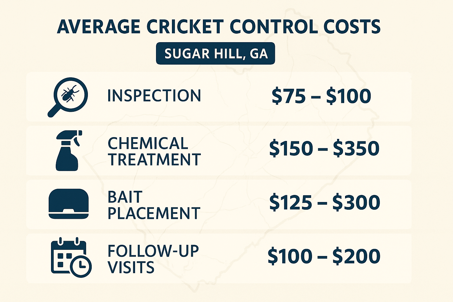 Infographic showing cricket control cost breakdown in Sugar Hill, GA