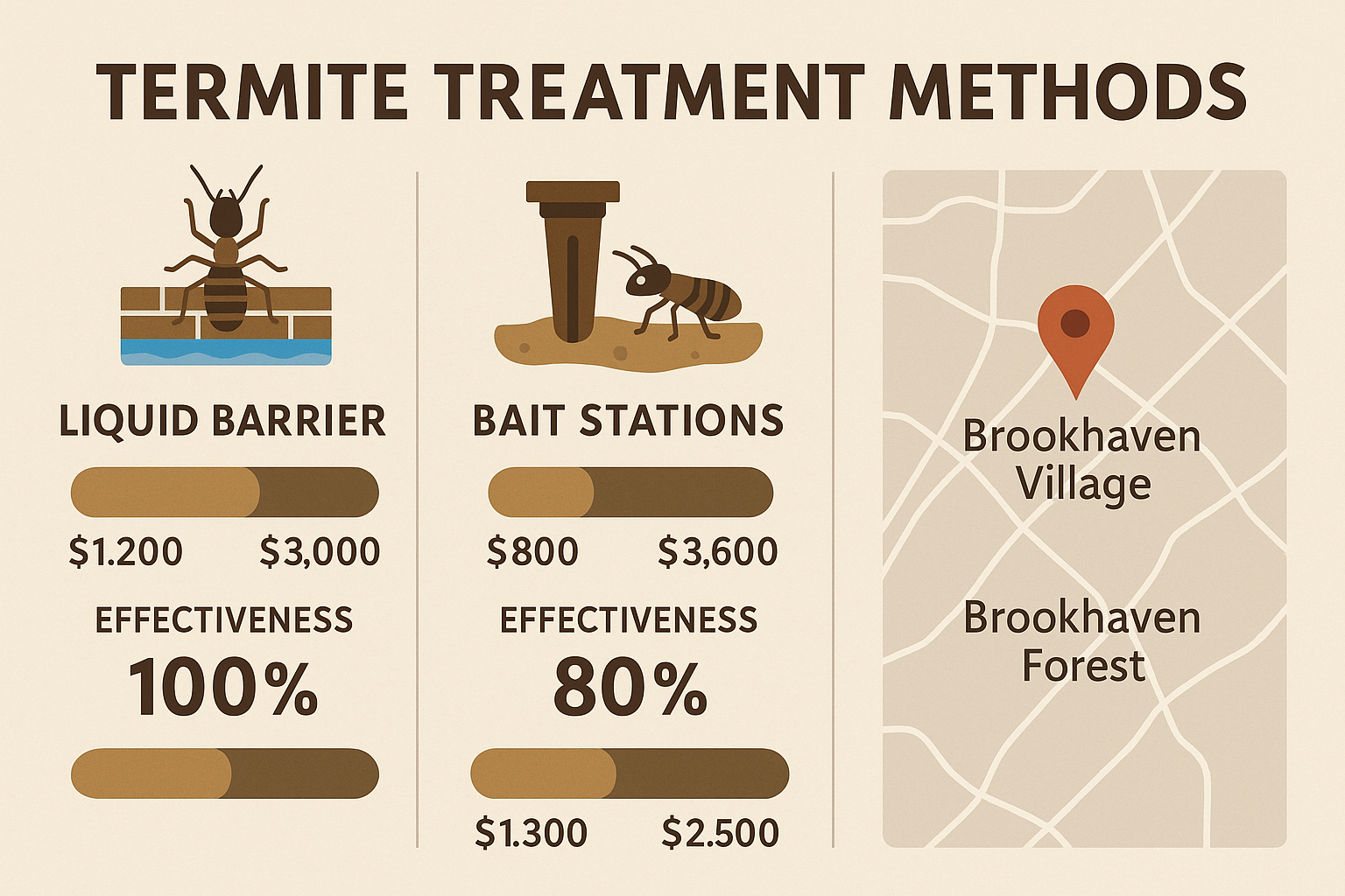 Infographic comparing liquid barriers, bait stations, and foam injection for termite control