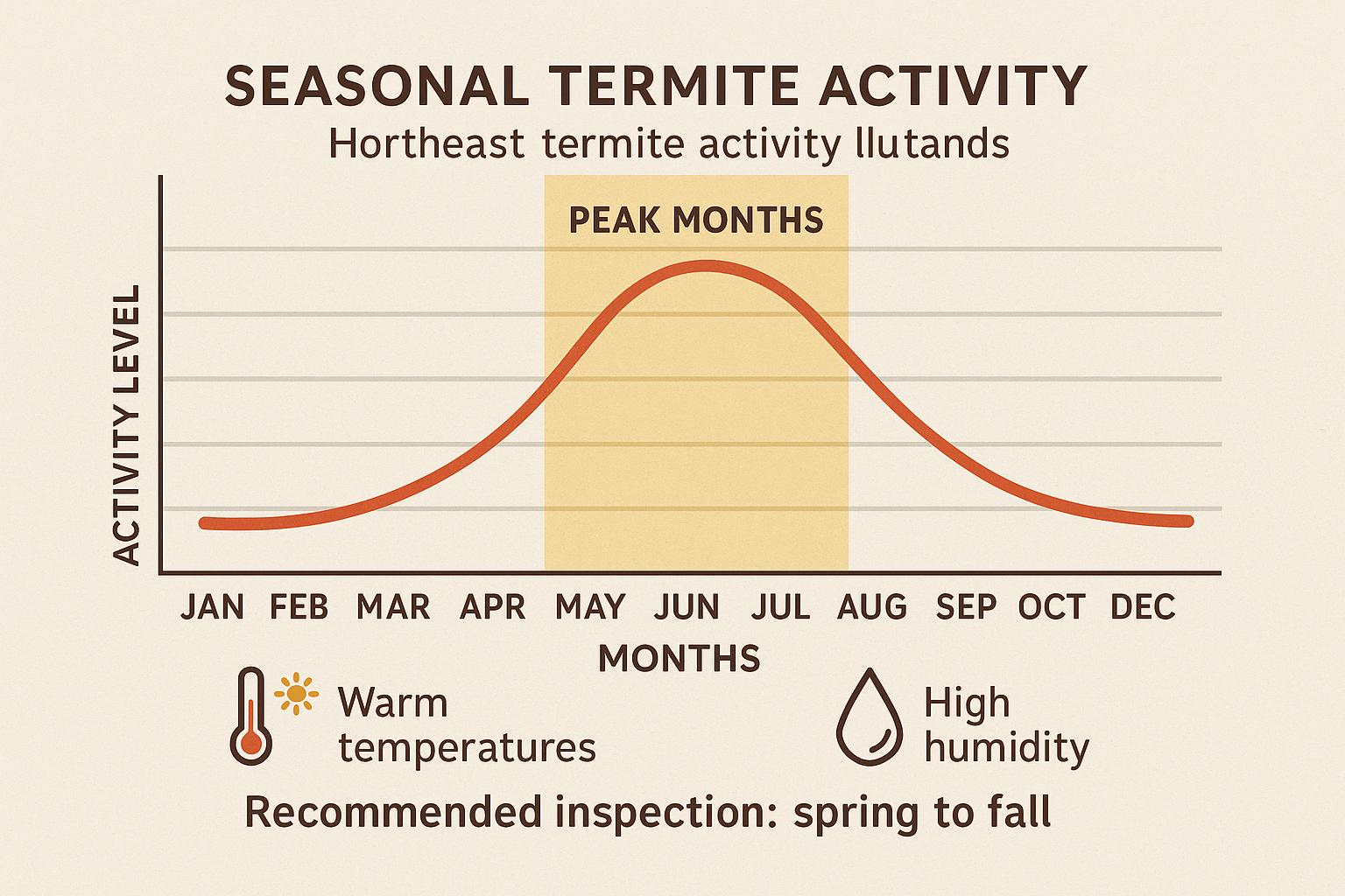 Top-Rated Termite Control in Brookhaven, Georgia: Cost, Treatment & Tips 3 Seasonal line graph of termite activity in the Southeast, highlighting peak months from late spring to early fall