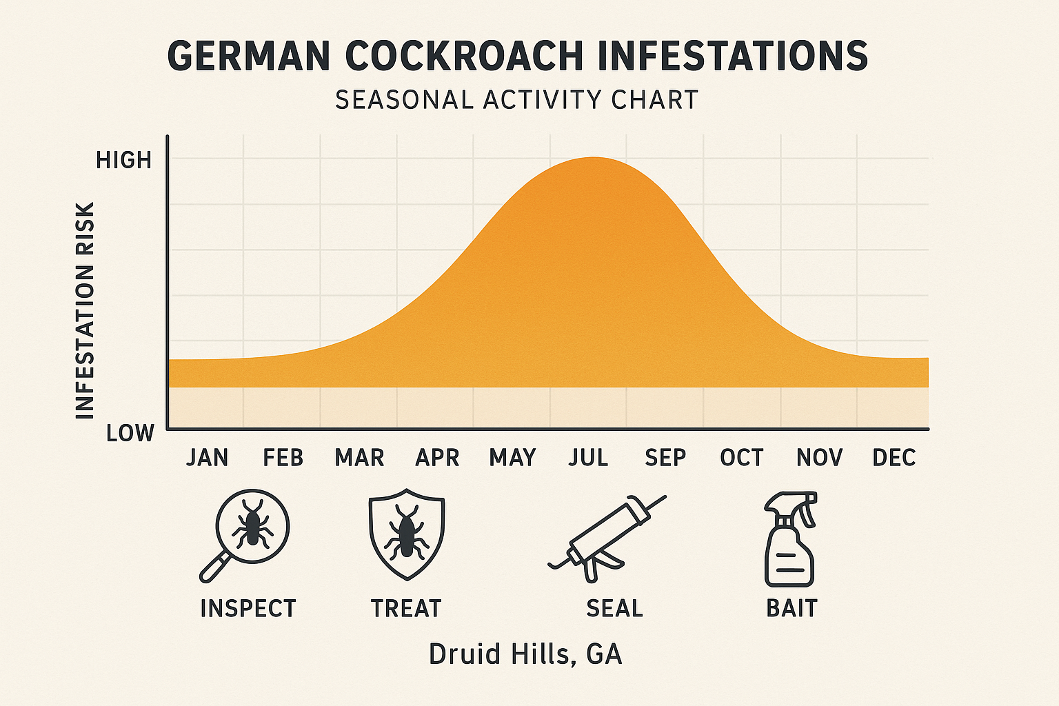 Seasonal activity chart showing cockroach risk levels by month in Druid Hills, GA