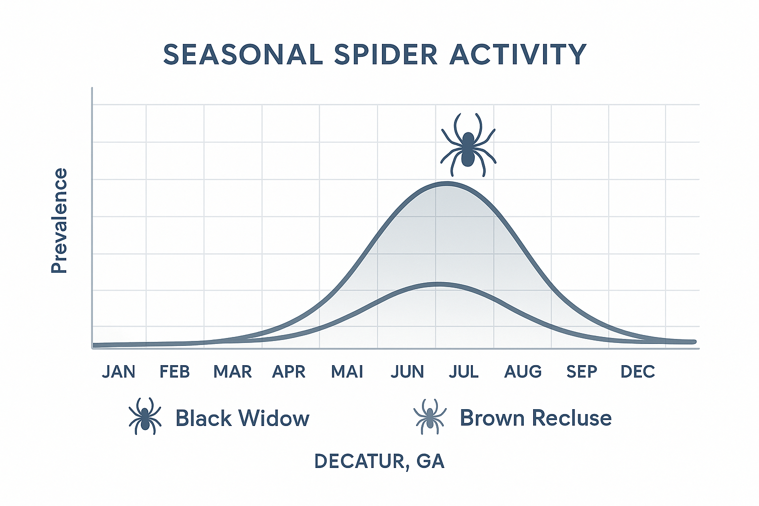 Seasonal activity chart showing spider population trends in Decatur, GA, with peaks for black widow in summer and brown recluse in late summer/fall