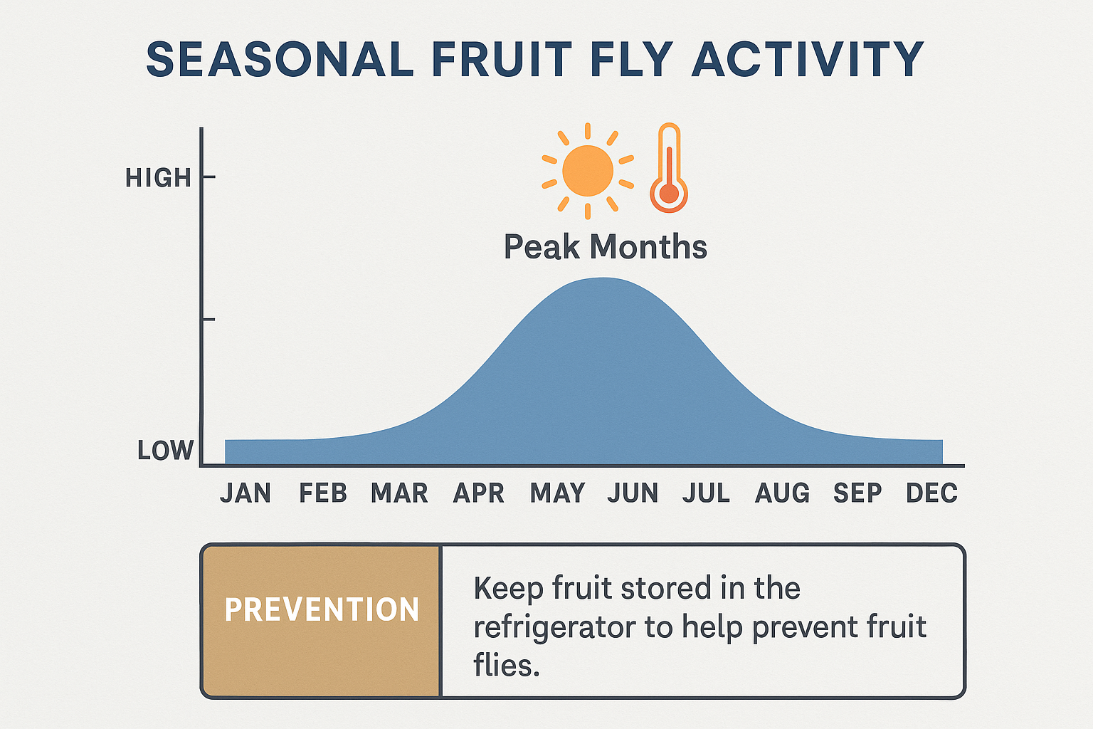 Seasonal activity chart showing peak fruit fly months and temperature icons