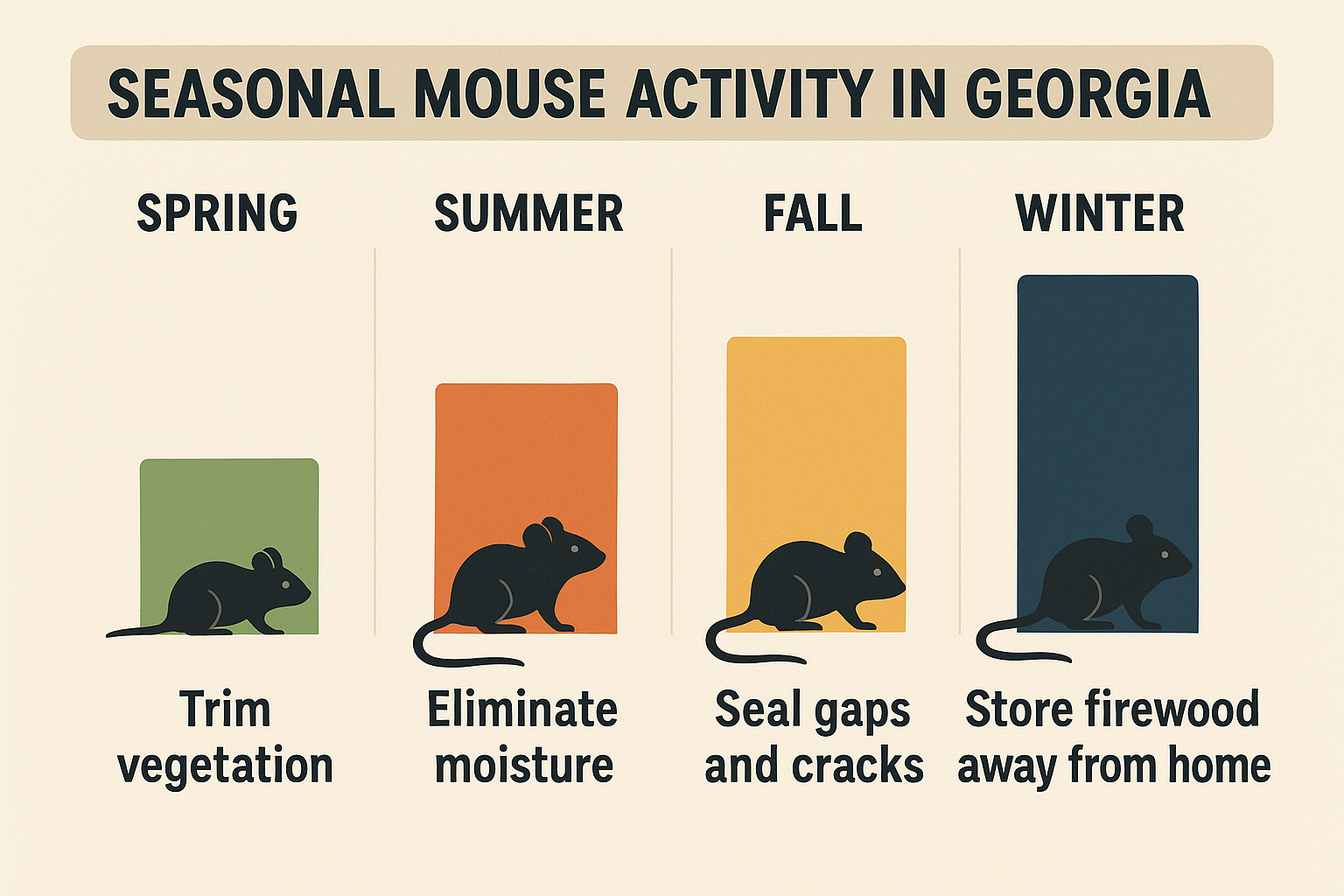 Seasonal mouse activity chart showing activity levels and prevention tips for each season