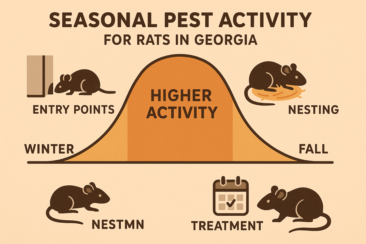 Seasonal rat activity chart for Georgia showing spring nesting, summer foraging, fall breeding surge, and winter indoor presence