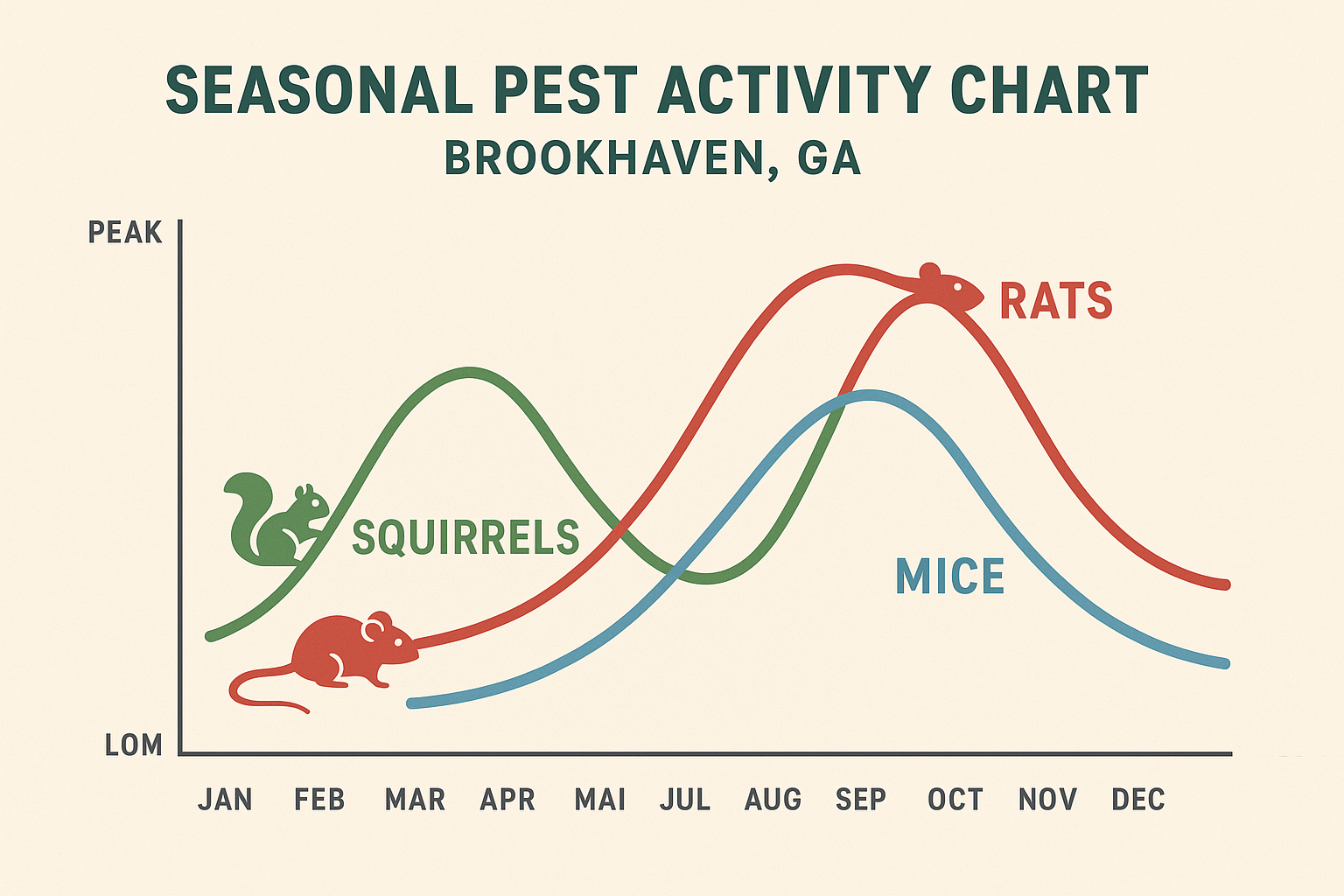 Seasonal activity chart showing peak months for rats, mice, and squirrels in Brookhaven