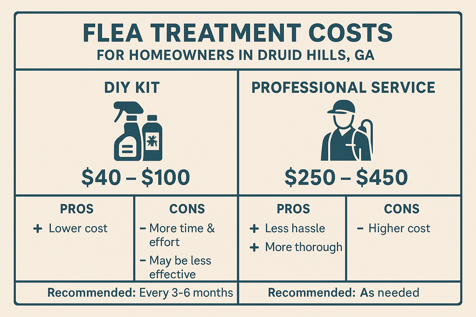 Infographic comparing DIY flea kit costs and professional treatment costs, pros and cons, and recommended frequency