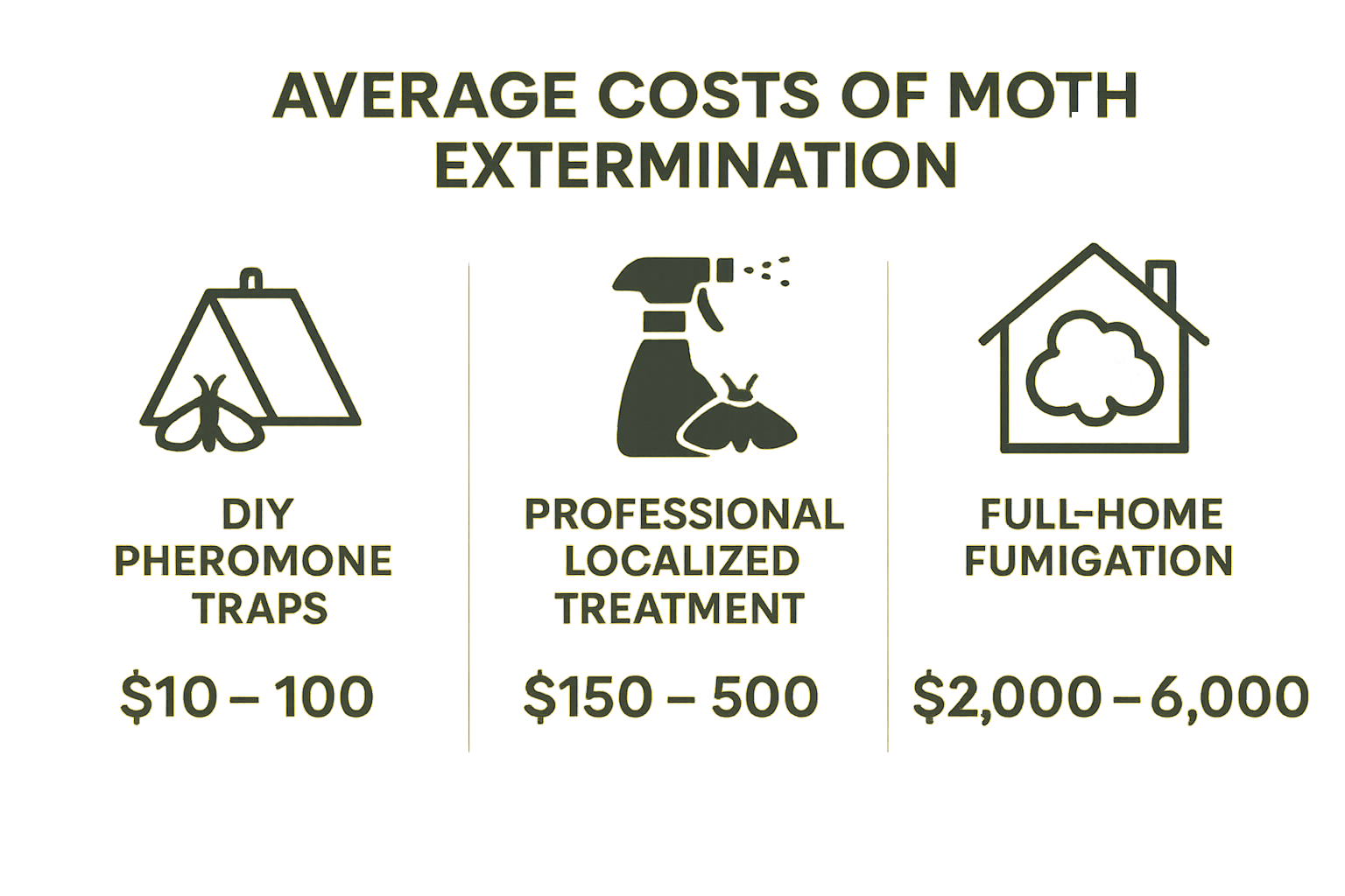 Infographic showing cost ranges for DIY moth traps, localized professional treatment, and full-home fumigation