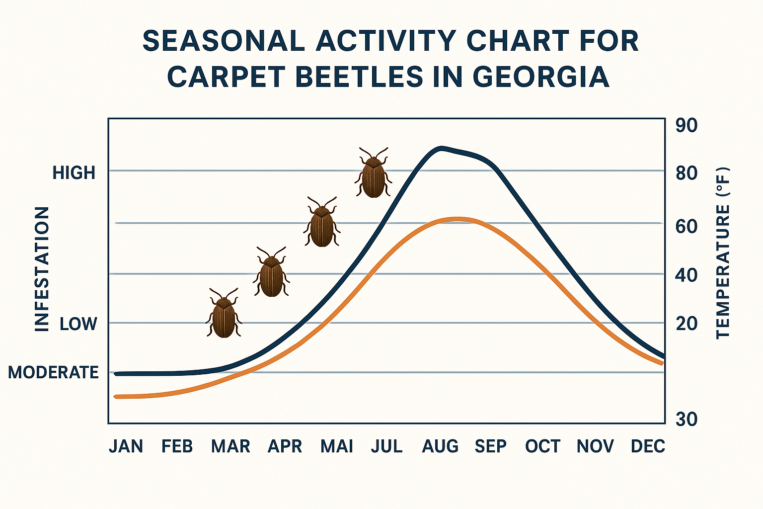 Seasonal carpet beetle activity chart for Georgia, showing peaks from late spring to early fall