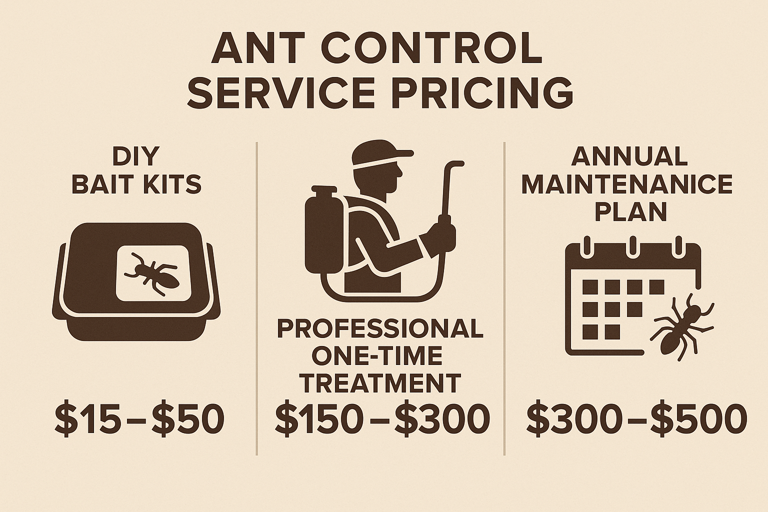 Pricing comparison of DIY bait kits, one-time professional treatments, and annual maintenance plans for ant control