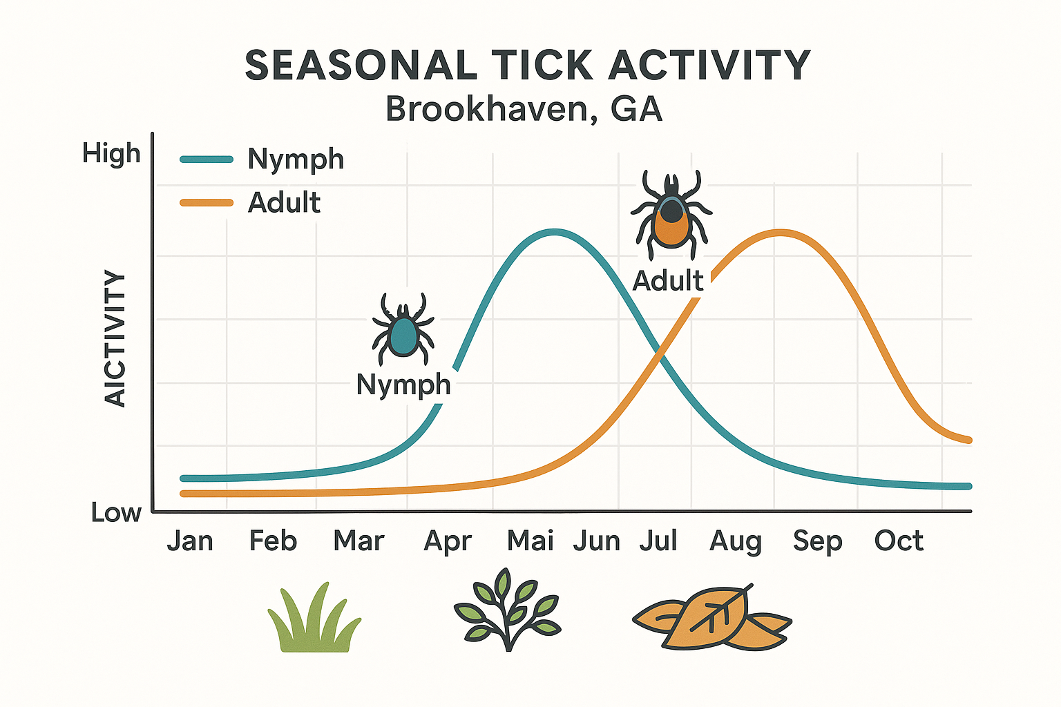 Line graph showing monthly tick activity peaks for nymphs (April‑June) and adults (September‑October) in Brookhaven, GA