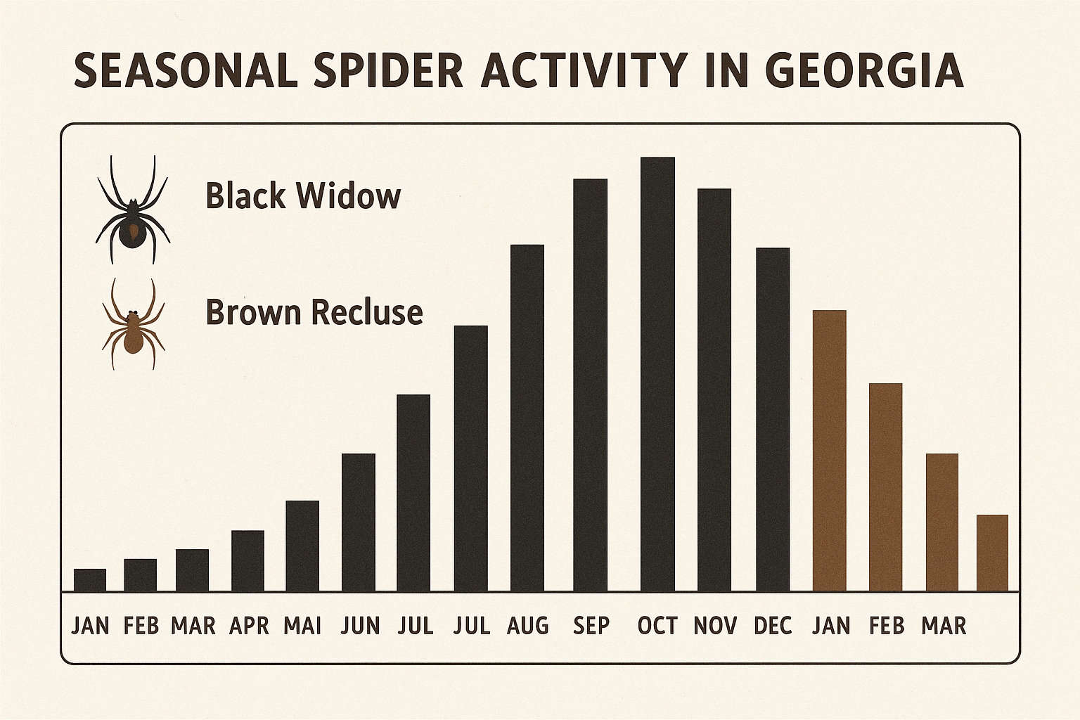 Seasonal spider activity chart for Brookhaven, GA showing peak months from May to October