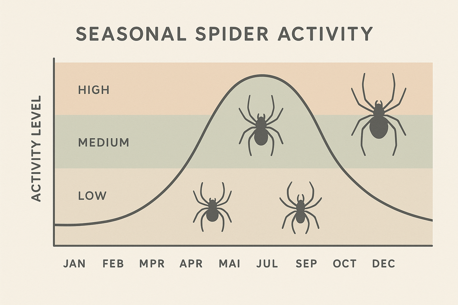 Seasonal spider activity chart showing peak months for indoor and outdoor activity