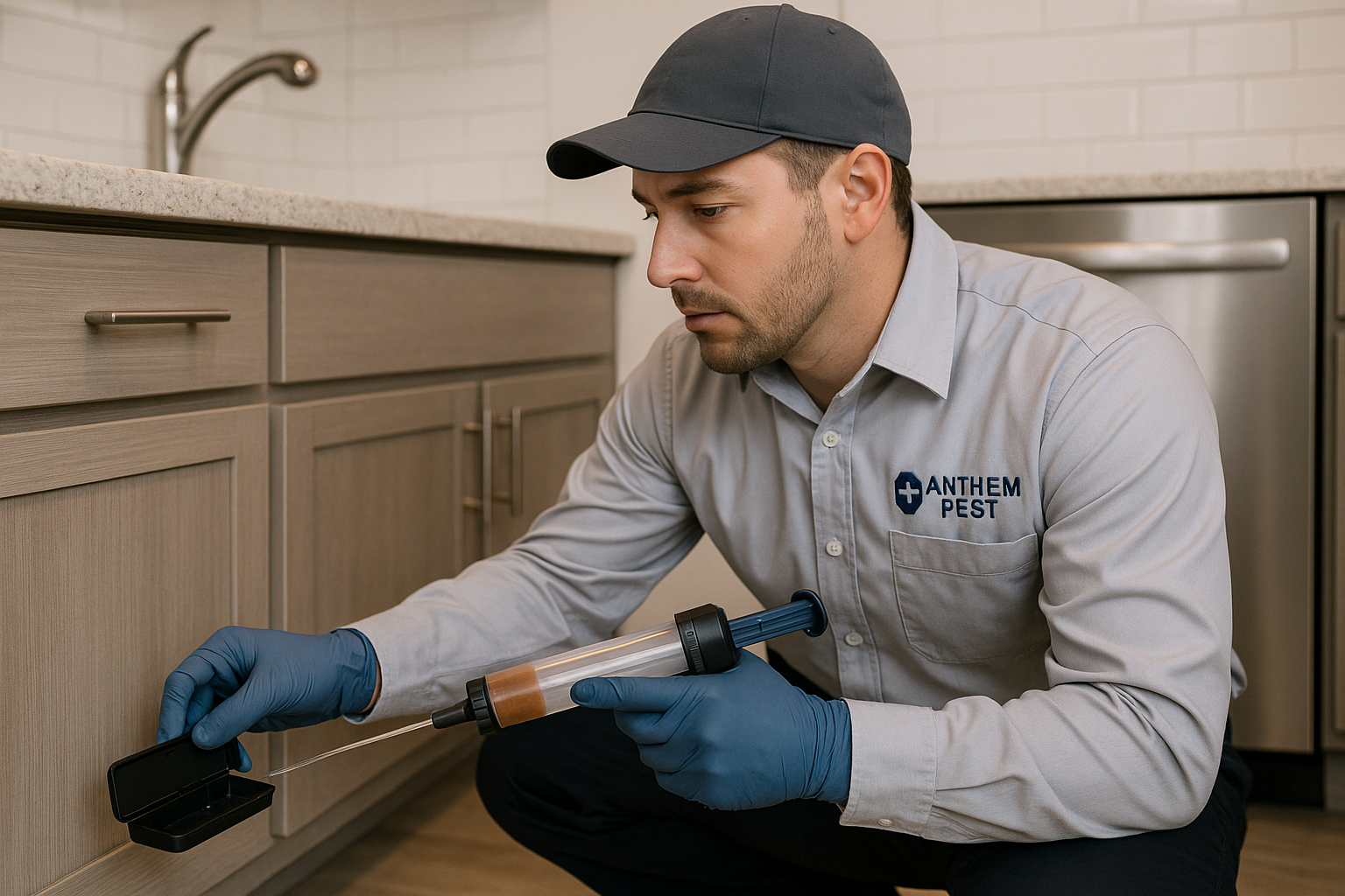 Anthem Pest technician installing a bait station in a suburban backyard
