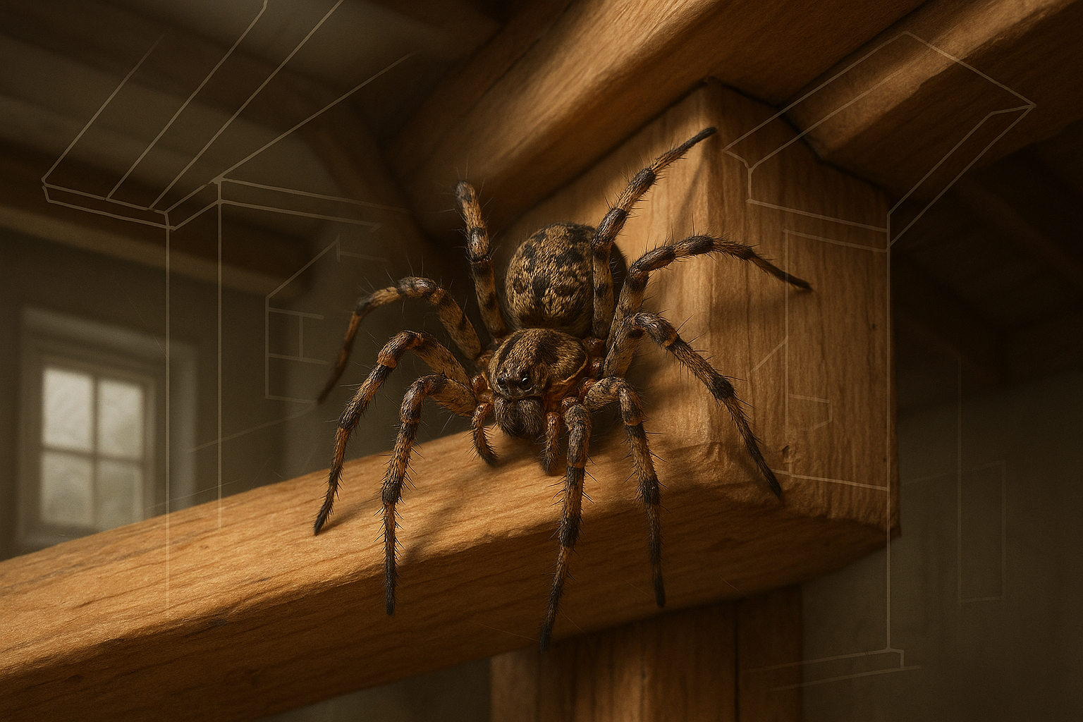 Top-Rated Spider Control in Marietta, Georgia: Cost, Treatment & Tips 3 Close‑up illustration of a house spider on a wooden beam