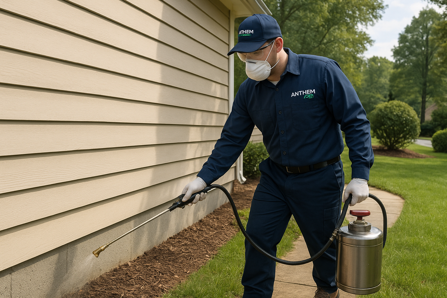 Technician applying a perimeter spray to a residential lawn