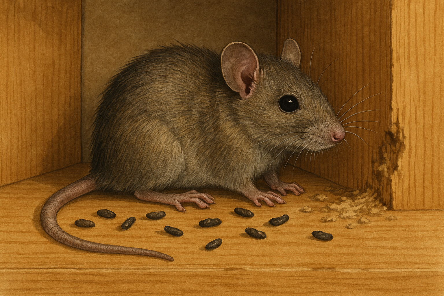 Common house mouse scurrying near a residential foundation