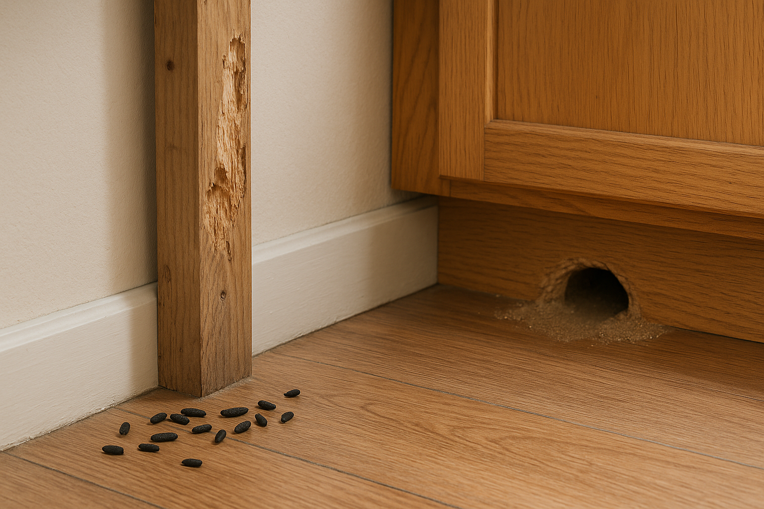 Close‑up of rat droppings and gnaw marks in a kitchen