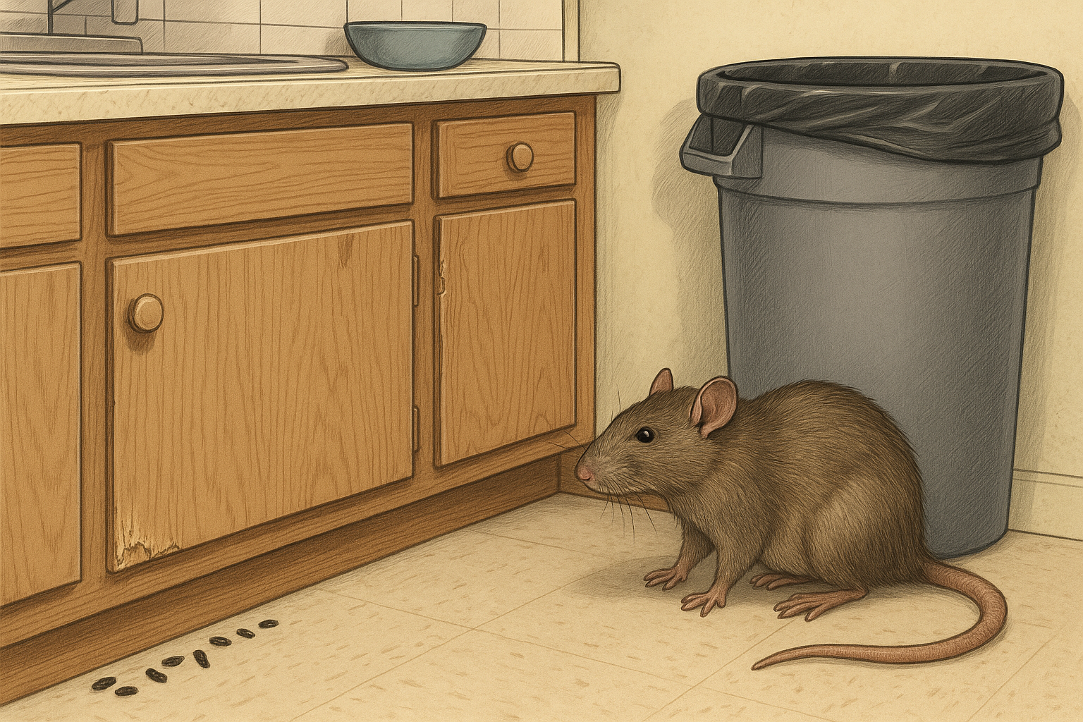 Illustration of a kitchen showing rat entry points, droppings, and gnaw damage