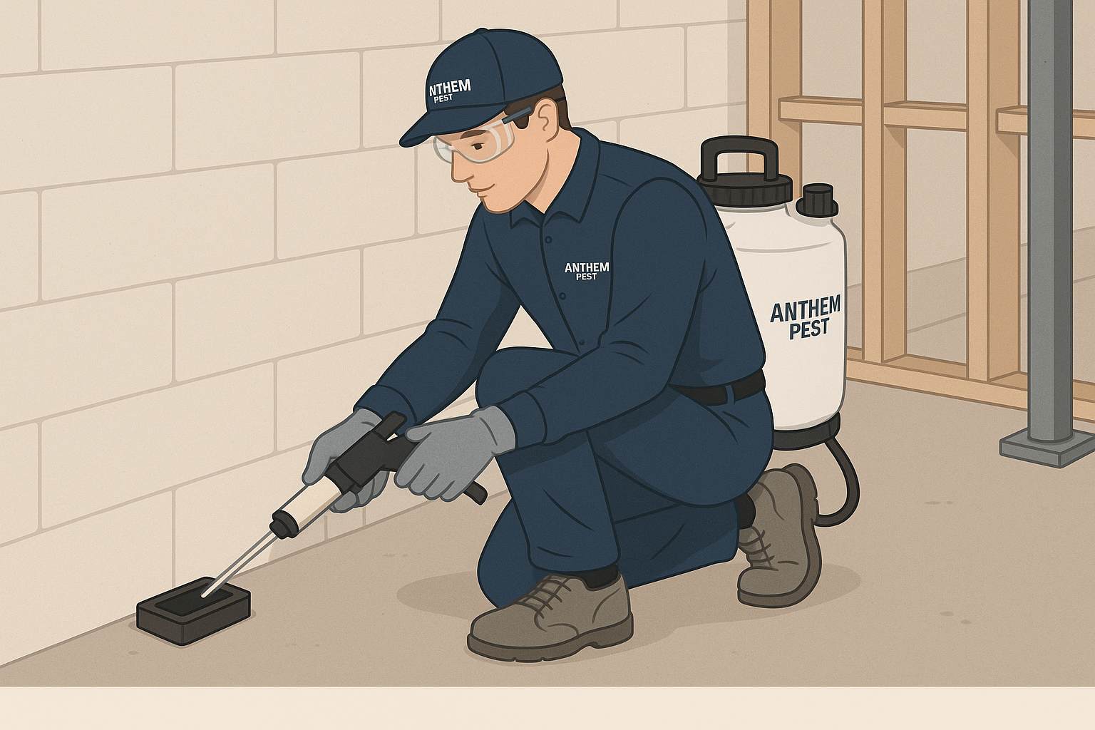 Anthem Pest technician setting up a bait station in a residential setting