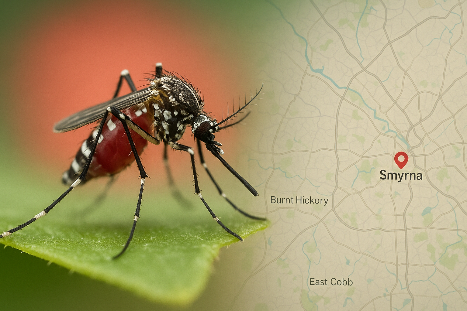 Close‑up view of a mosquito with a map of Smyrna, GA in the background