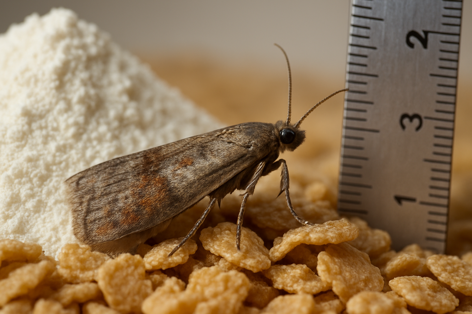 Close‑up illustration of a pantry moth with distinctive amber and dark wing banding