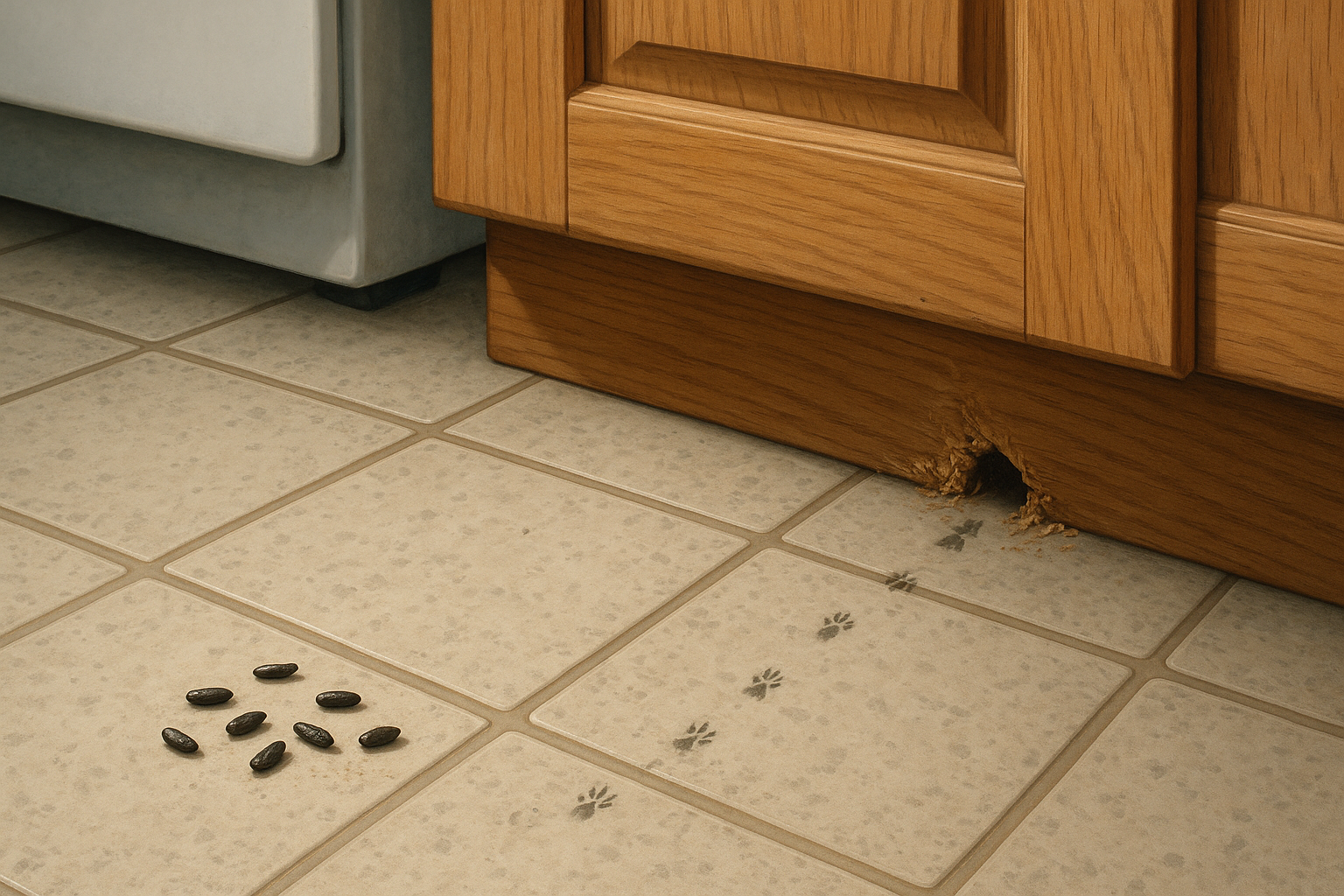 Illustration of mouse droppings and gnaw marks