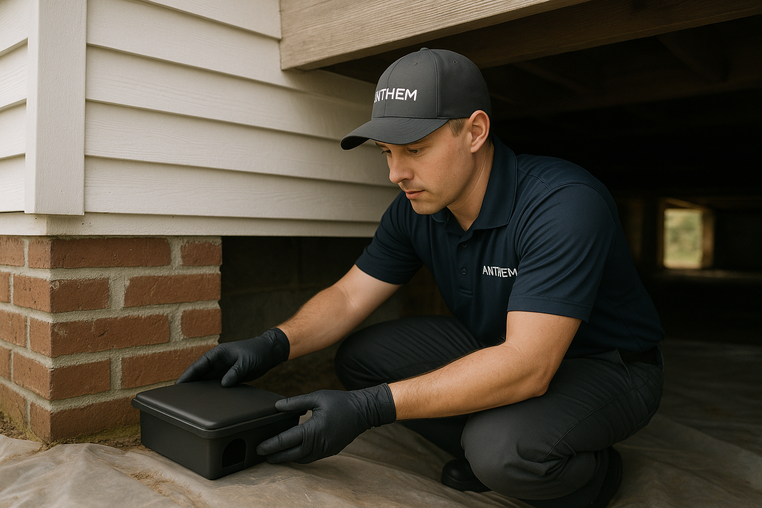 Technician setting up mouse bait stations