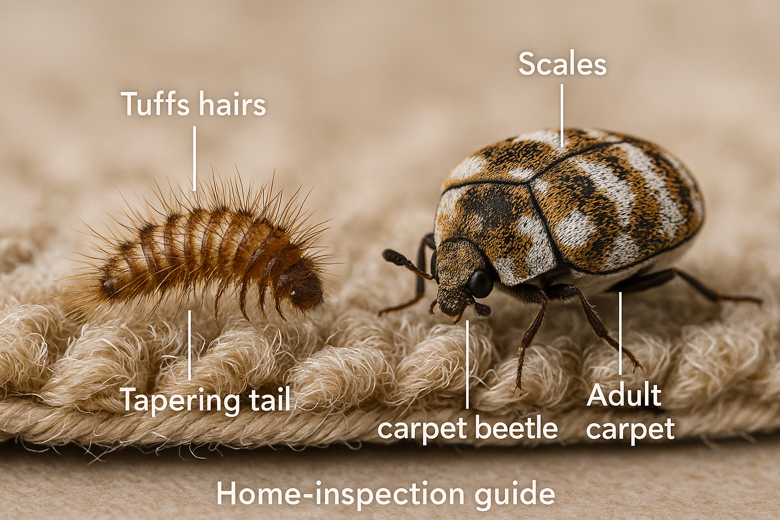 Close‑up view of a carpet beetle larva crawling on fabric