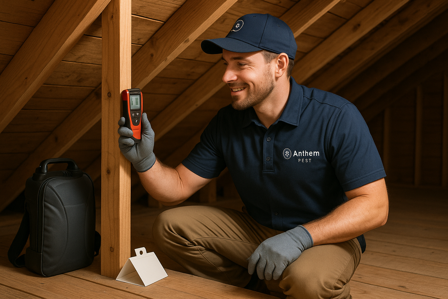 Anthem Pest technician performing a moth inspection in a home
