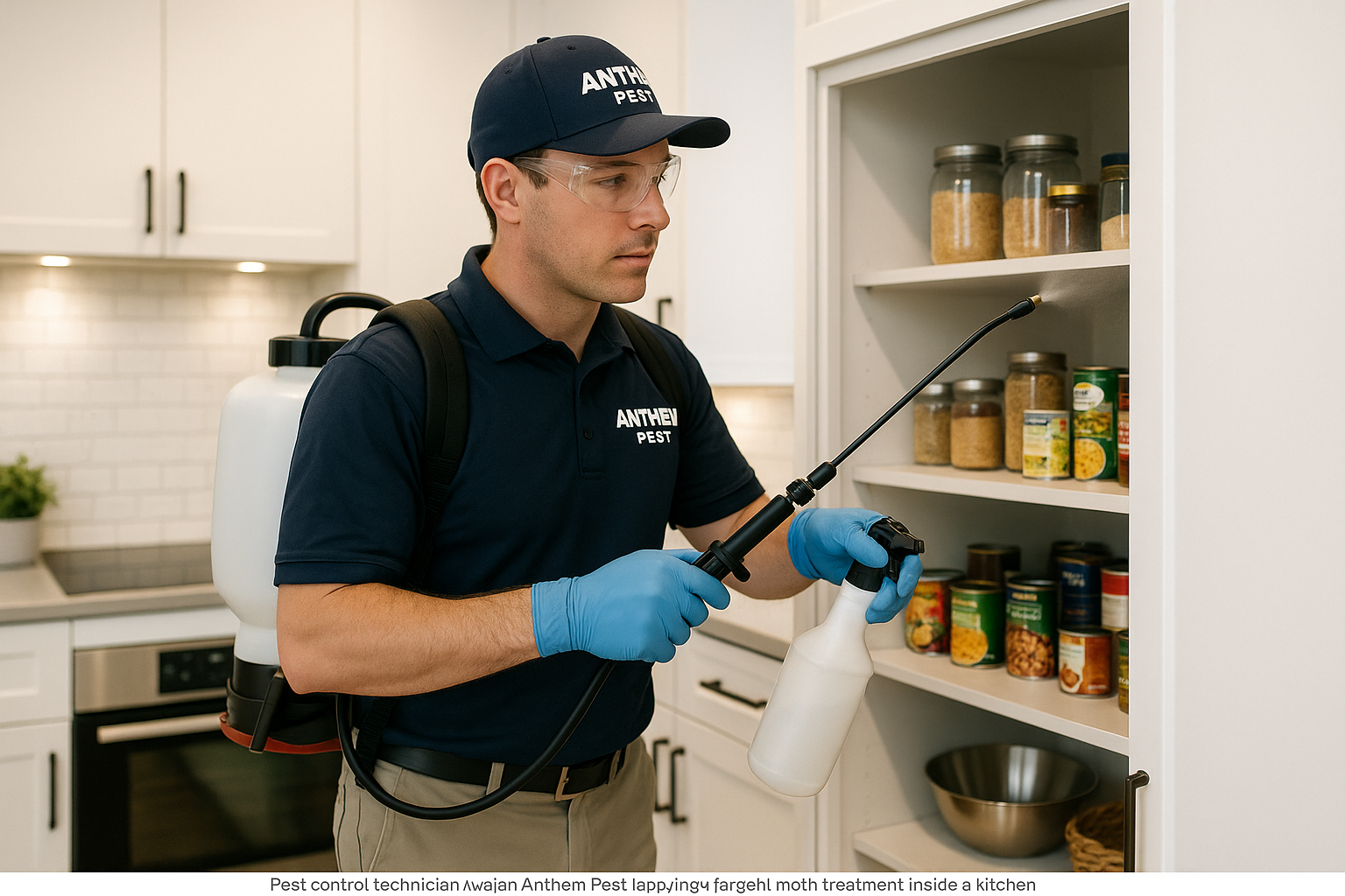 Anthem Pest technician applying a moth treatment in a homeowner's living room