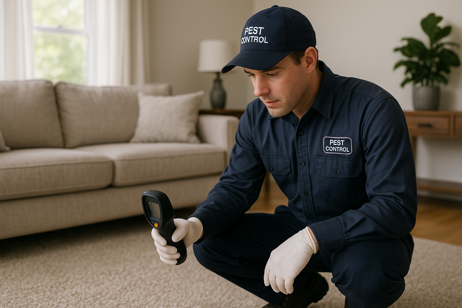 Anthem Pest technician performing a carpet beetle inspection in a Dunwoody home