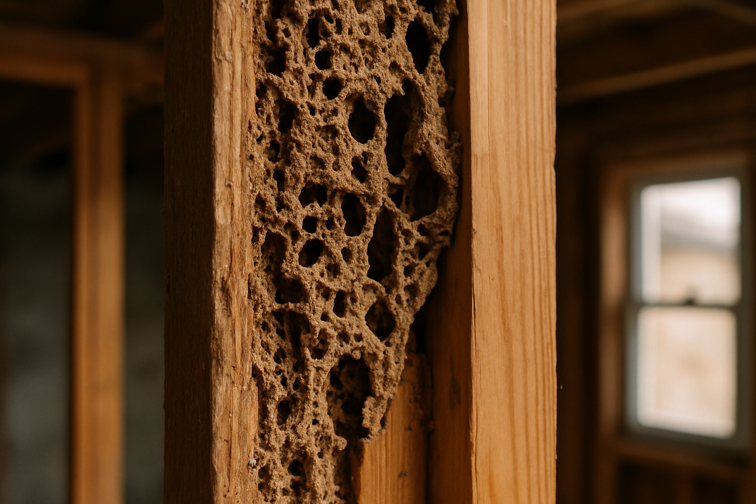 Termite mud tubes and frass visible on a home foundation