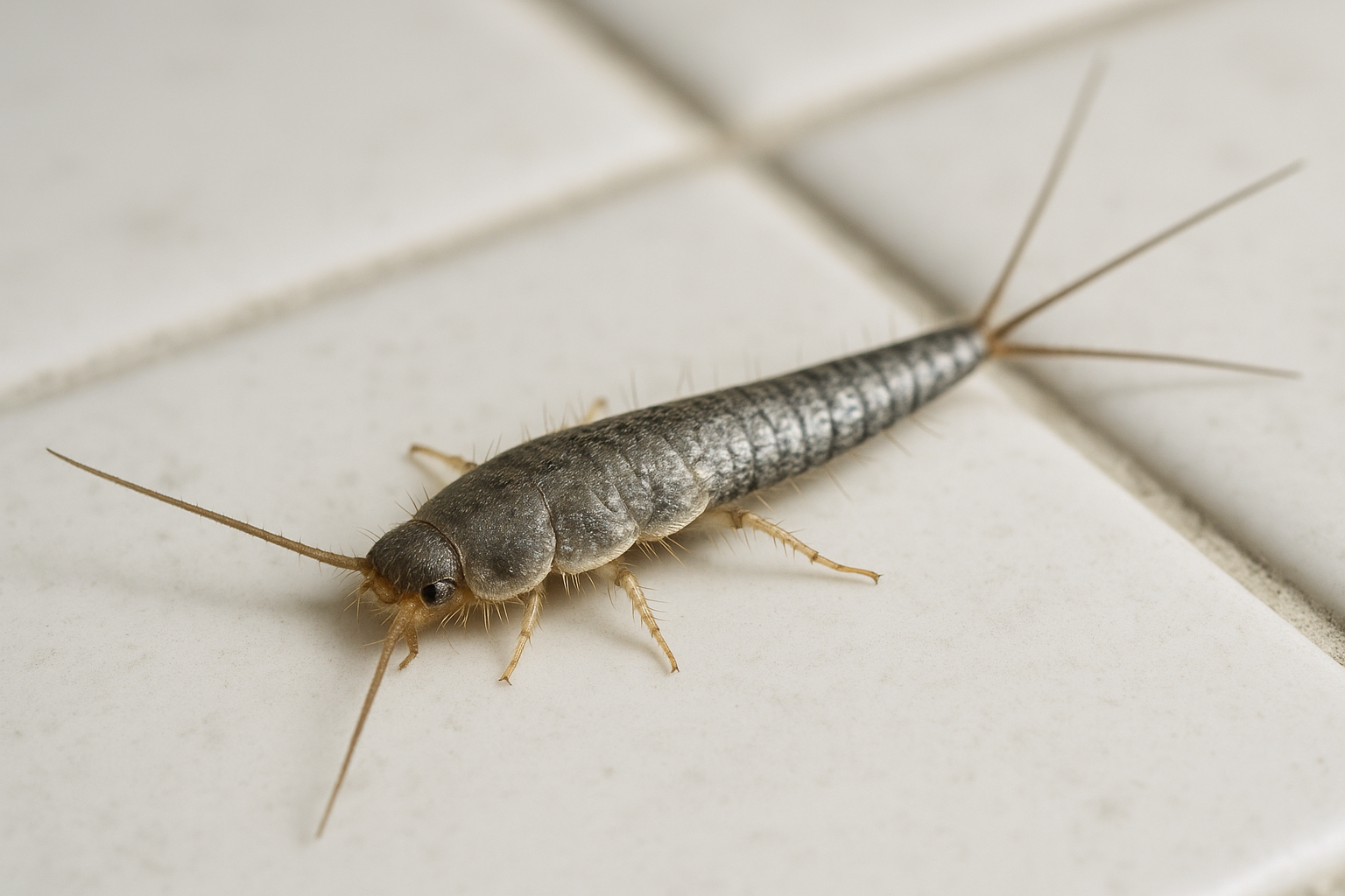 Close‑up view of a silverfish crawling on a damp surface
