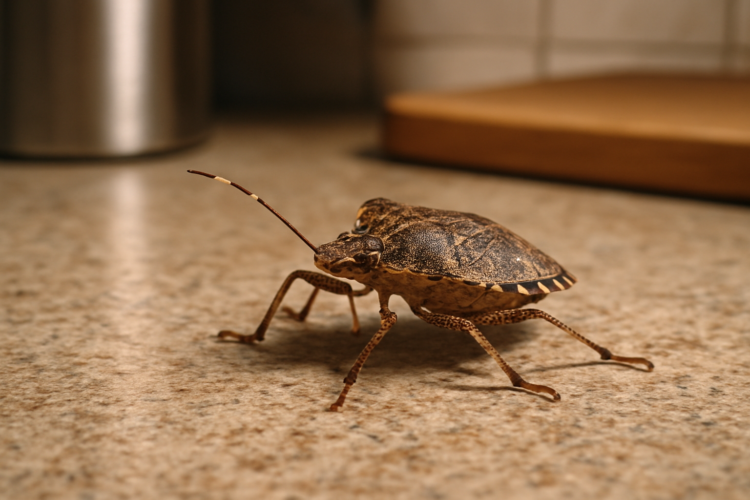 Brown marmorated stink bugs on a leaf