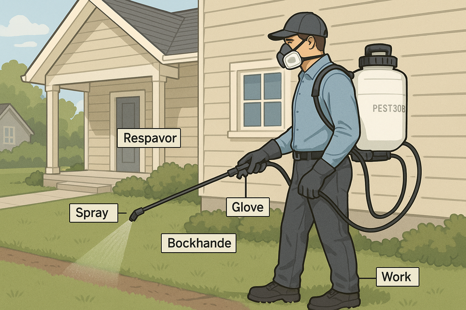 Technician applying perimeter spray around a house