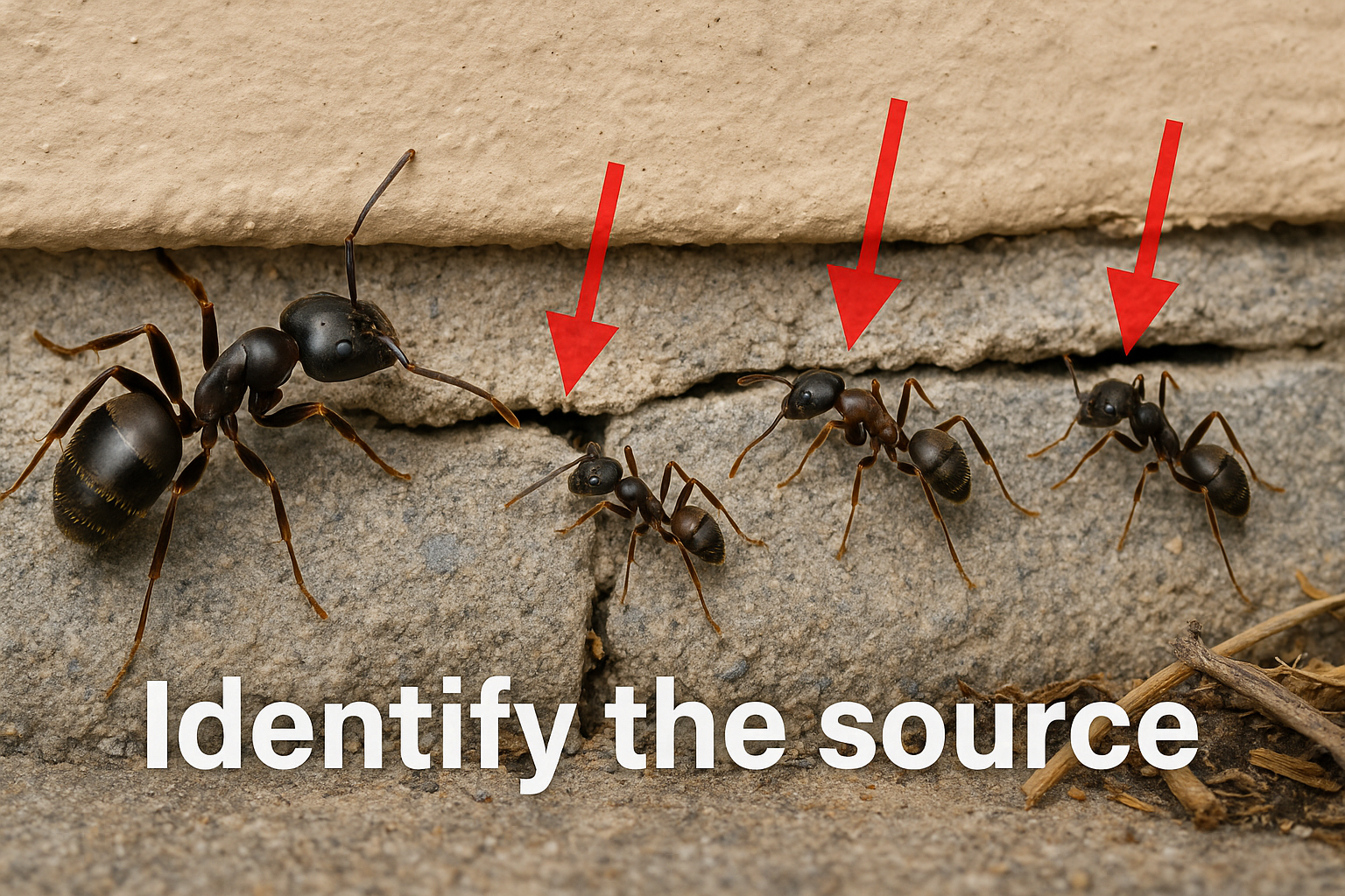 Close-up of pavement, odorous house, and carpenter ants at a home entry point