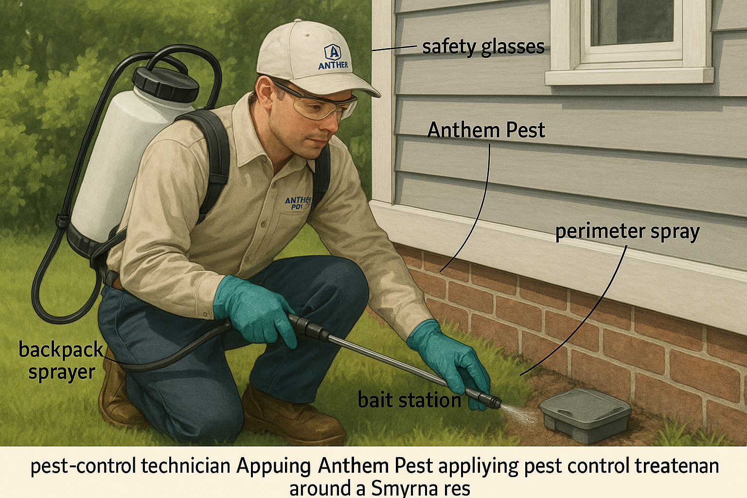 Technician applying bait stations and perimeter spray during an emergency ant treatment