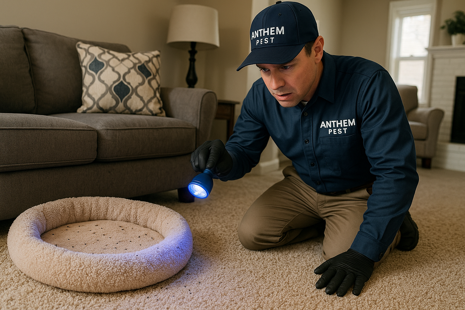 Technician applying indoor fogging treatment in a home