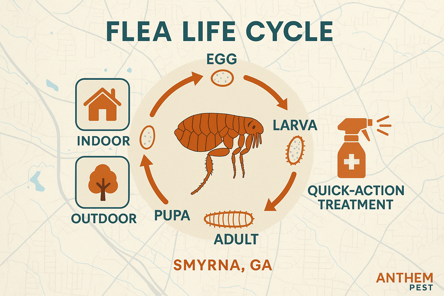 Flea life-cycle infographic showing egg, larva, pupa, adult stages