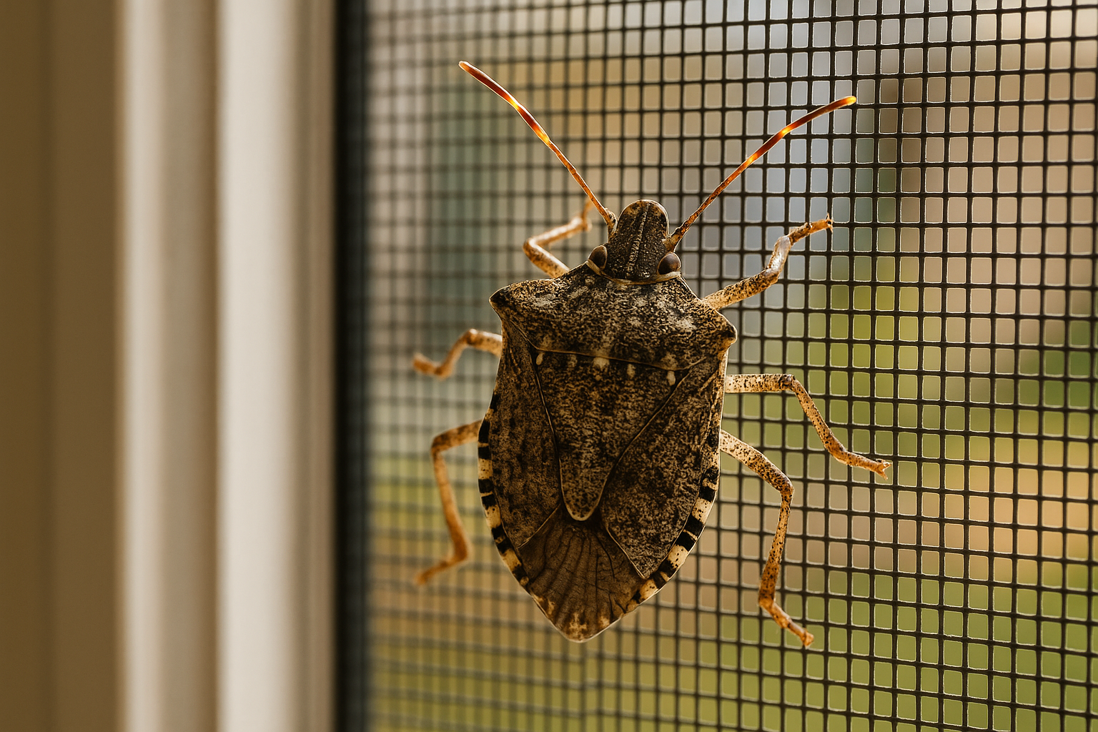 Stink bug clusters on a window screen