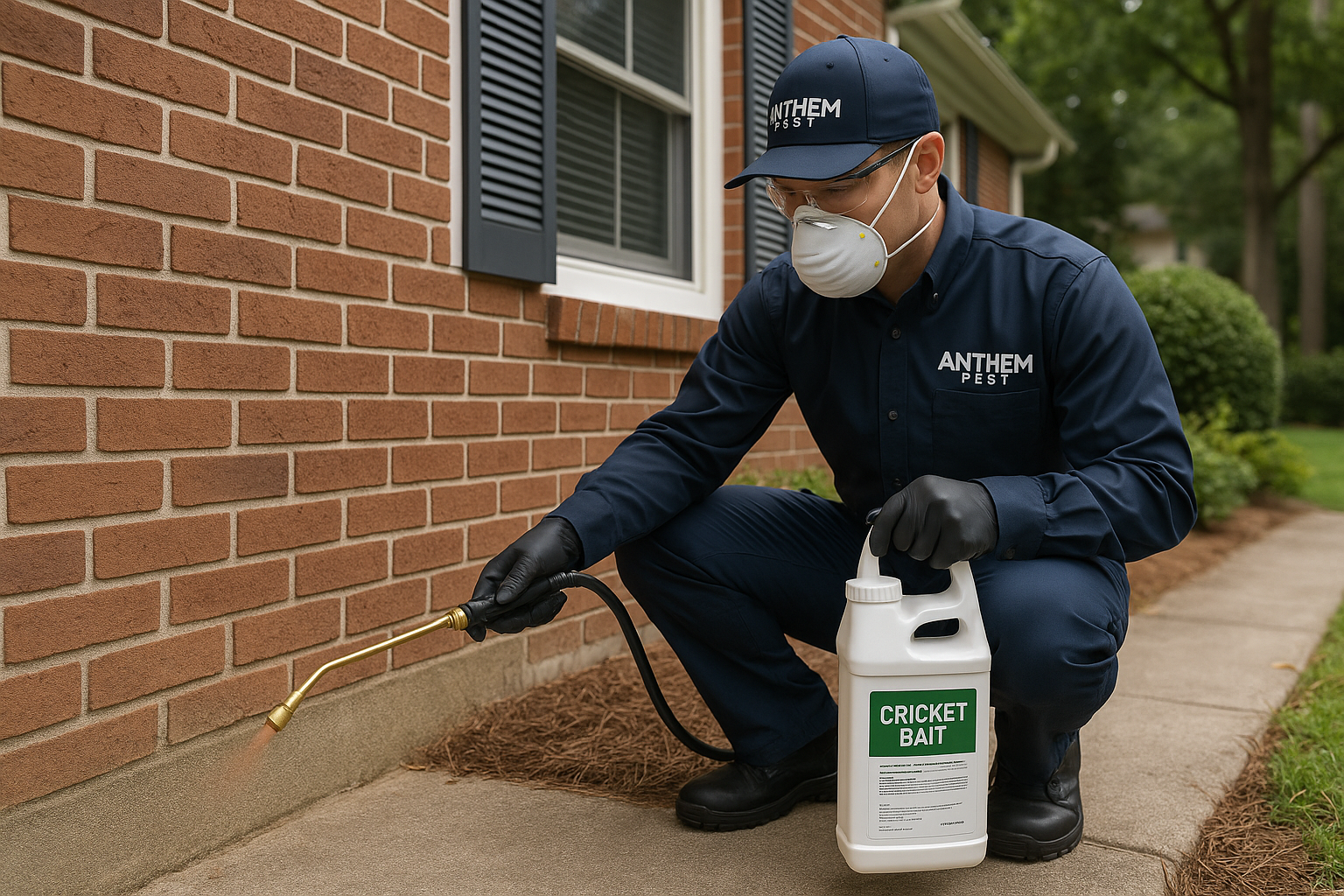 Technician applying cricket control treatment around a home foundation