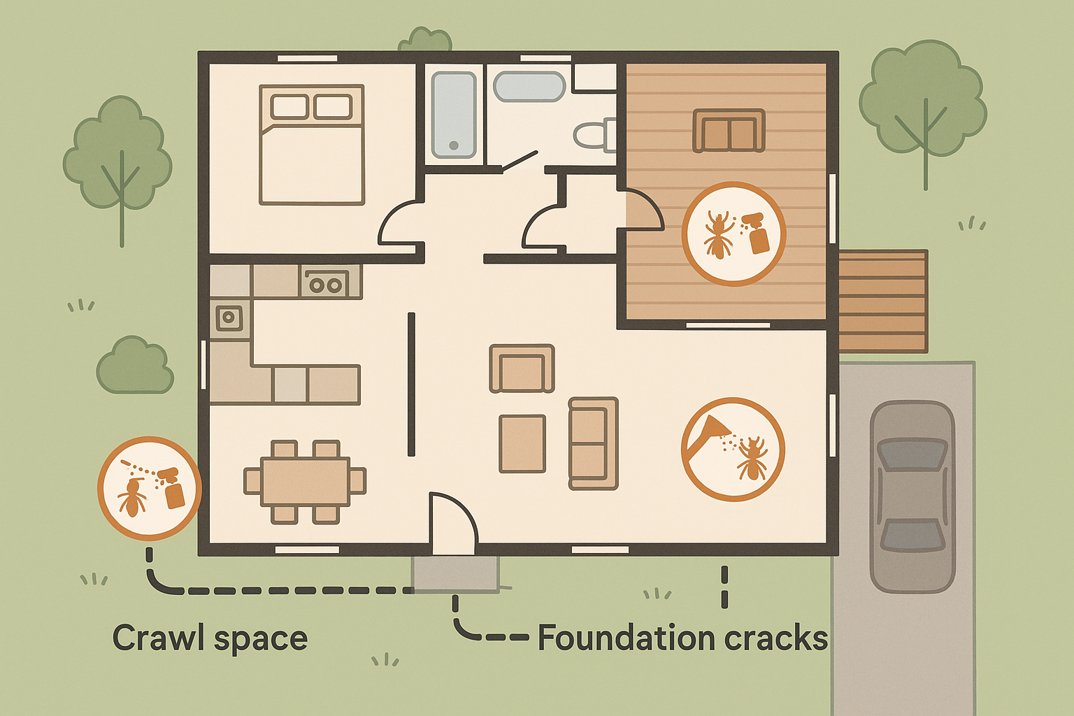 3 Illustrated floor‑plan highlighting termite hotspot zones in a typical single‑family home
