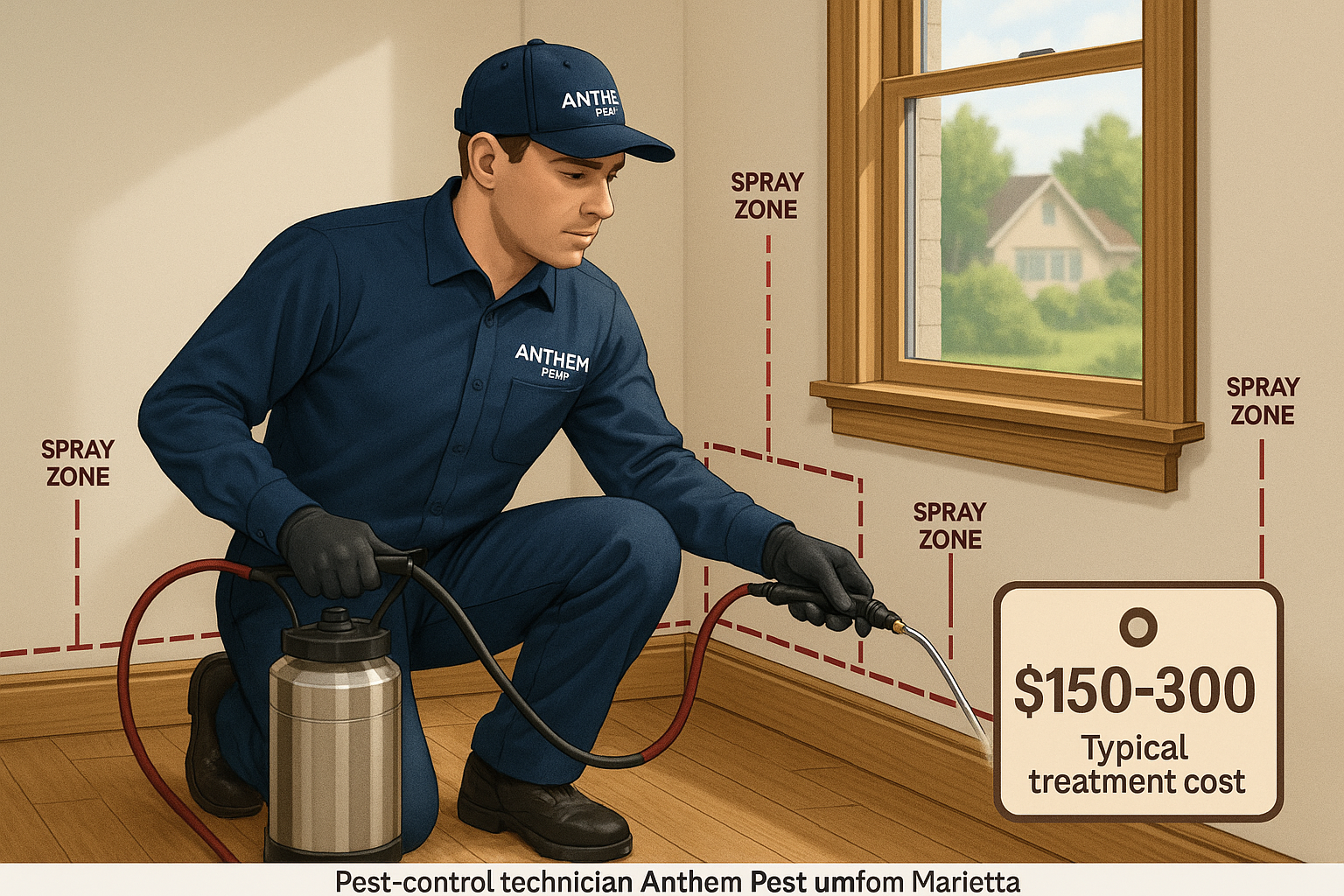 Top-Rated Stink Bug Control in Marietta, Georgia: Cost, Treatment & Tips 4 Technician applying a perimeter barrier treatment on a Marietta home