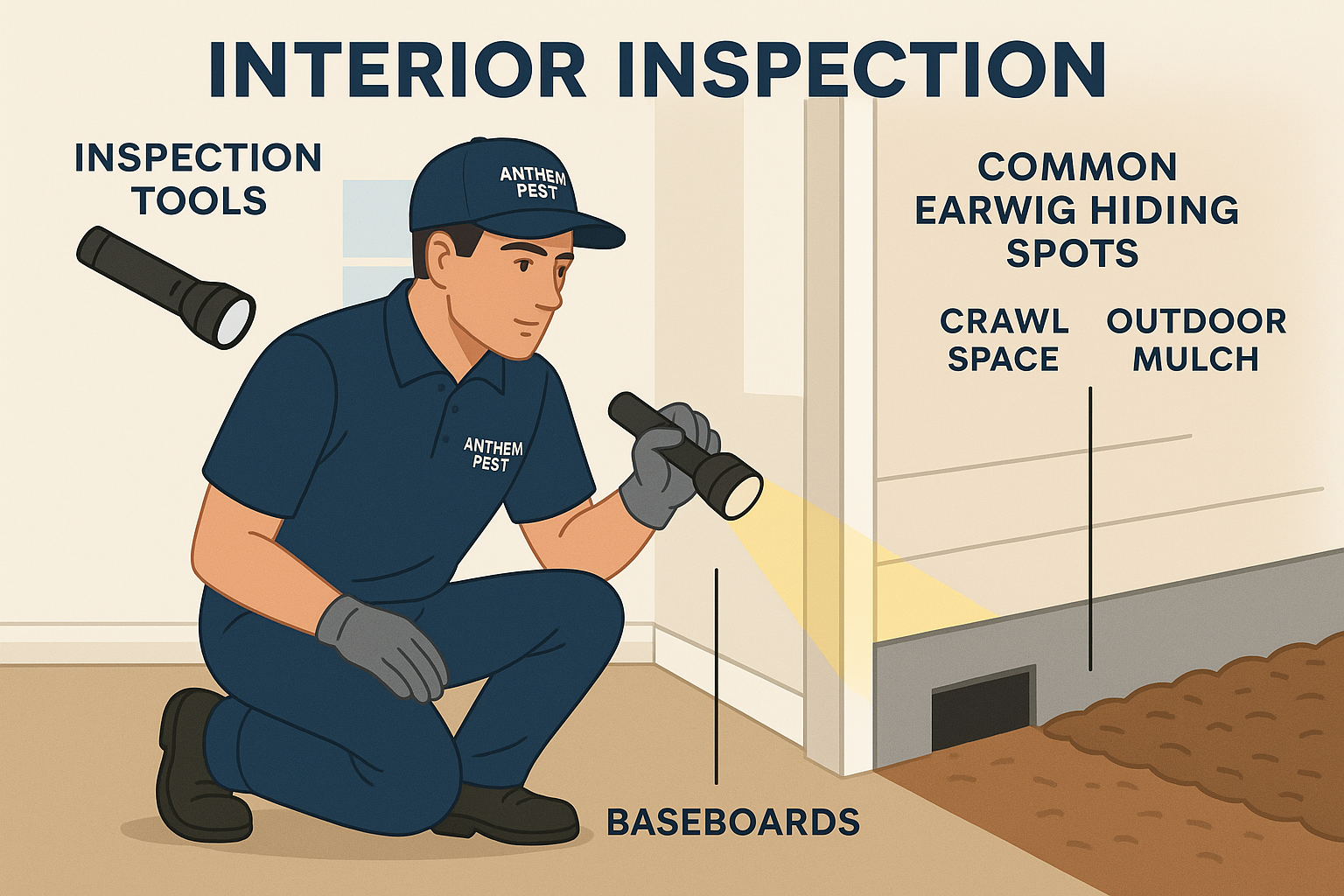 Anthem Pest technician performing an earwig inspection in a suburban home