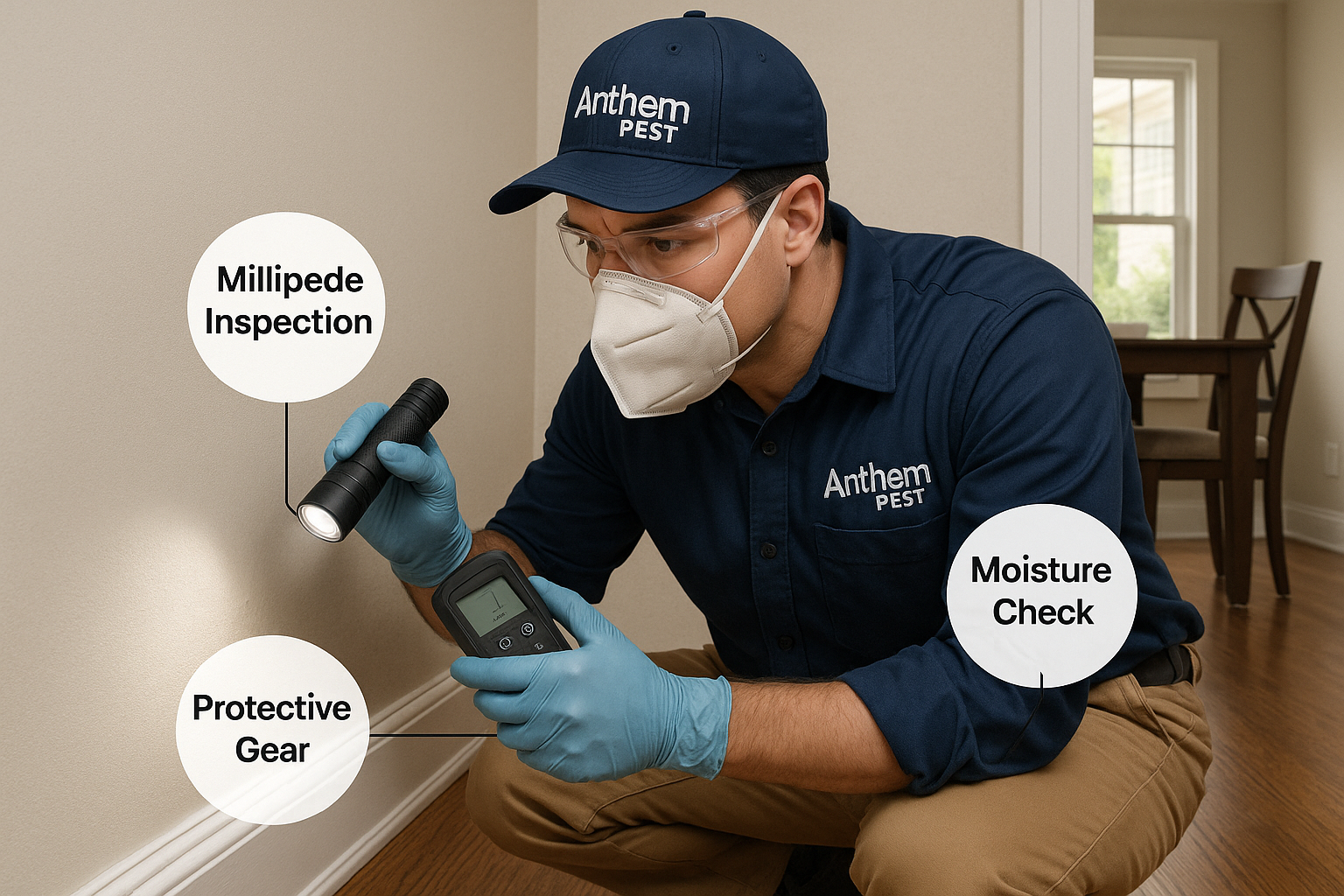 Technician applying a protective barrier spray around a home foundation