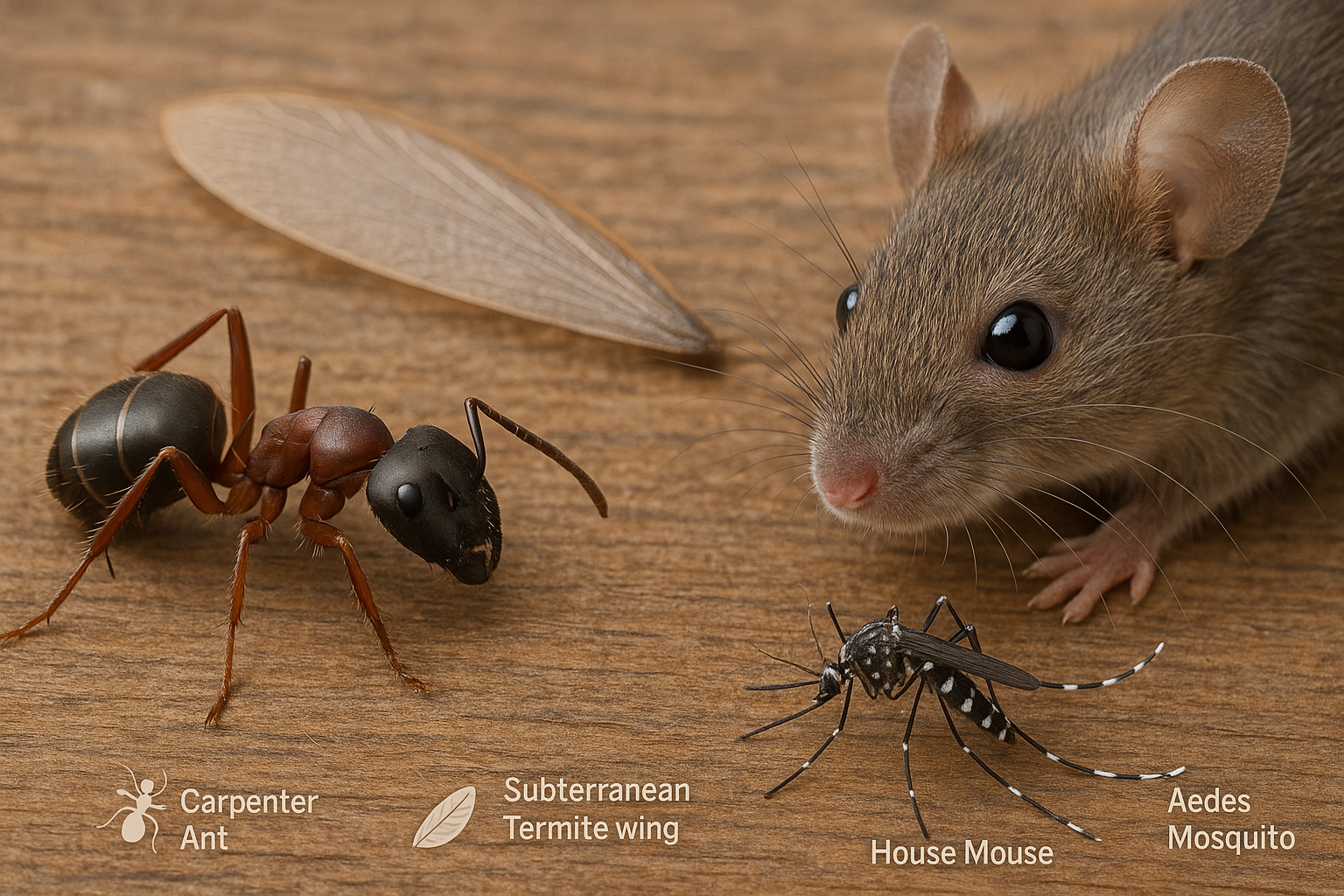 Illustration of common household pests with size and location cues