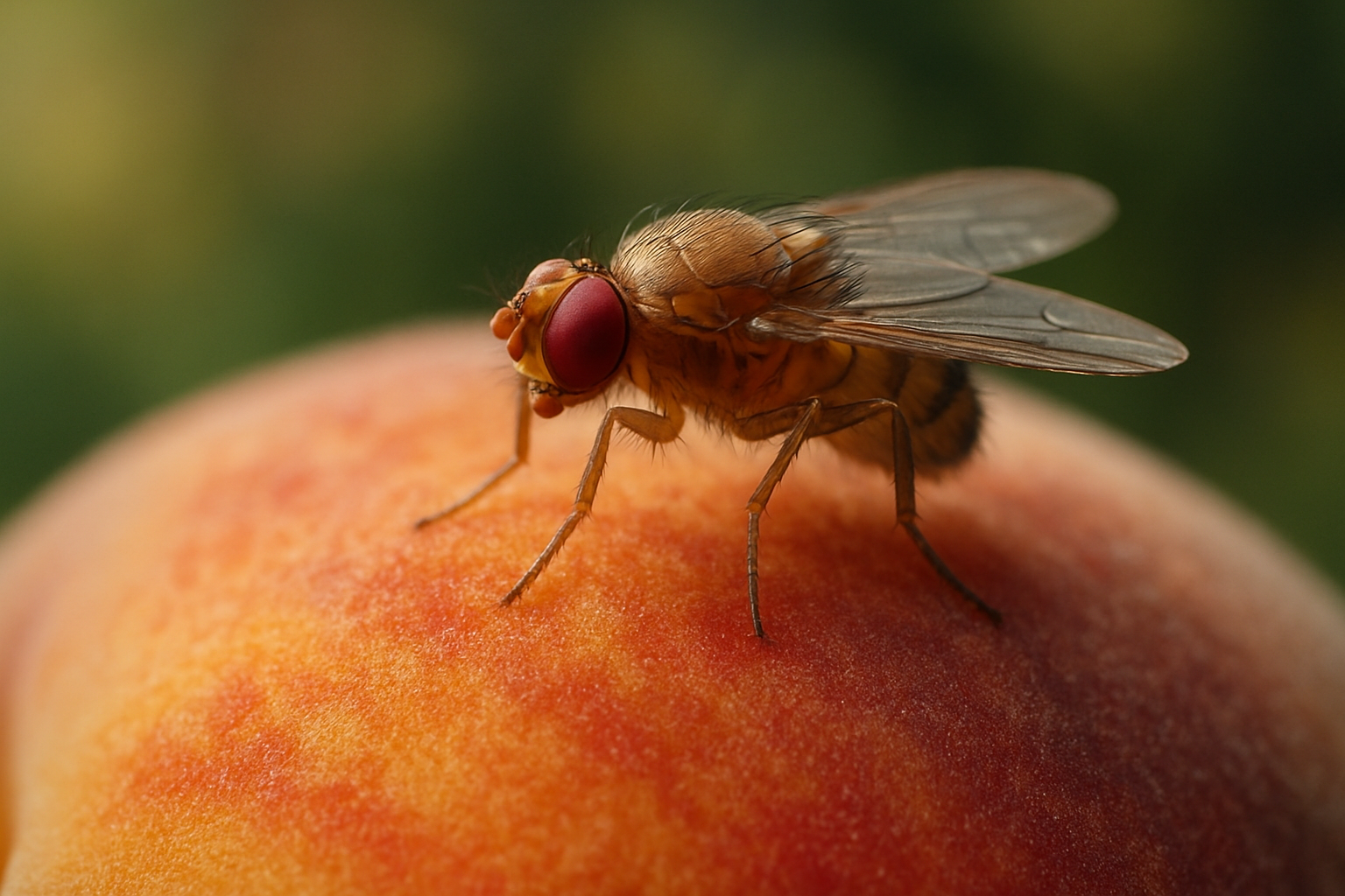 Fruit fly hovering near a bowl of ripe fruit